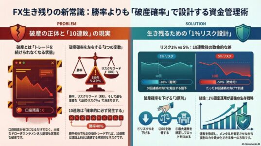 FXの破産確率を解説するインフォグラフィック。1%リスクと5%リスクの違い、10連敗時の資金差を比較した図解