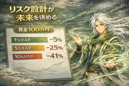 1%・5%・10%リスク設定による資金減少シミュレーション比較図。