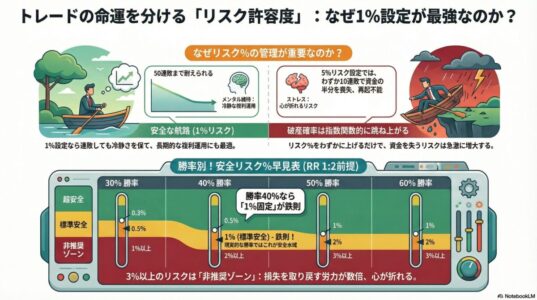トレードの命運を分けるリスク許容度を解説するFXインフォグラフィック。1％リスクと5％リスクの違い、破産確率と連敗耐性の比較を図解。