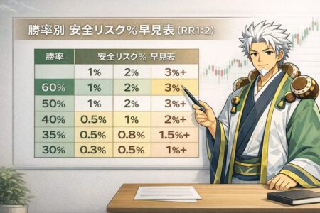 勝率30％〜60％別の安全リスク％早見表（RR1:2前提）を示したFX図解。