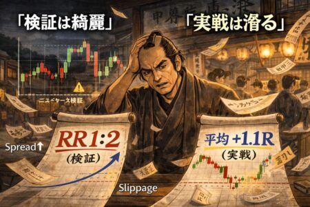 FX実戦で発生するスプレッド拡大やスリッページによる期待値低下を解説した図。