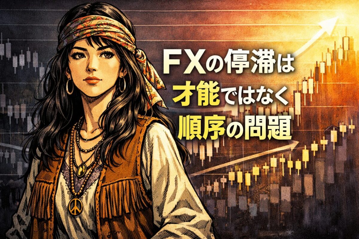 FXで停滞している原因が才能ではなく考え方と順序にあることを示す70年代ヒッピー女性トレーダーのイラスト