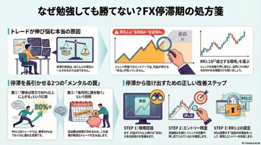 FXで勉強しても勝てない停滞期の原因と、RR1:2が成立する環境認識・エントリー順序を図解で説明したイラスト