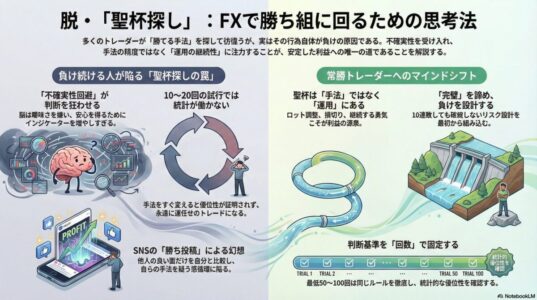 FXで聖杯探しから抜け出す思考法を解説したインフォグラフィック。不確実性回避の罠と常勝トレーダーへのマインドシフト、運用重視の判断基準を図解。