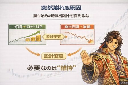 勝ち始めた後のロット増加や設計変更が崩壊を招く図