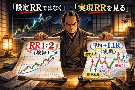 FXトレードで理論リスクリワードと実際の平均利益Rがズレる原因を解説した図解。