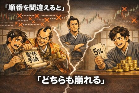 FX初心者と中級者が陥りやすい手法探しと過剰ロットの失敗パターンを比較した図解。