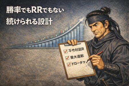 FXで長期的に生き残るための期待値設計チェックリスト。平均利益R・最大連敗・ドローダウン管理を解説した図。