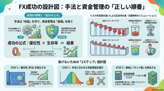 FX成功の設計図として手法・資金管理・ロット設計の正しい順番とリスク管理による生存率の違いを解説したインフォグラフィック