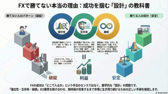 FXで勝てない本当の理由を優位性・生存率・継続の設計から解説したインフォグラフィック