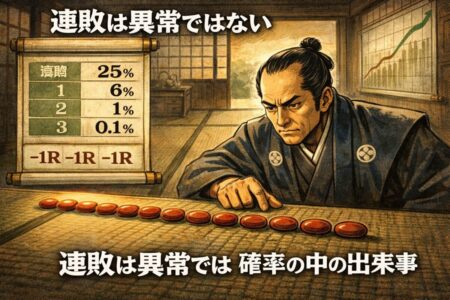 FXトレードで連敗が発生する確率と分散の仕組みを解説した教育インフォグラフィック