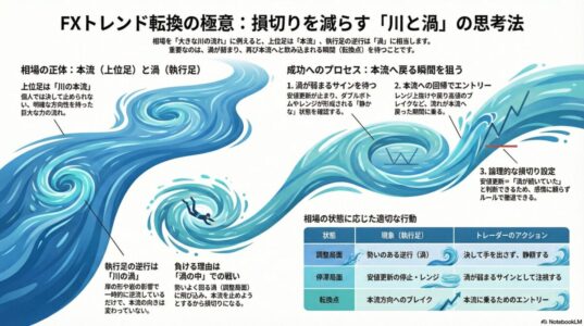FX相場を川の本流と渦に例え、上位足トレンドと執行足の逆行、転換点の考え方を図解で解説したイメージ