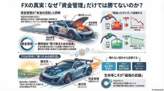 FXで資金管理だけでは勝てない理由を解説したインフォグラフィック。優位性(エッジ)と資金管理の役割、リスク10%と1%の連敗時ドローダウン比較、生存率を重視したトレード設計図を図解。
