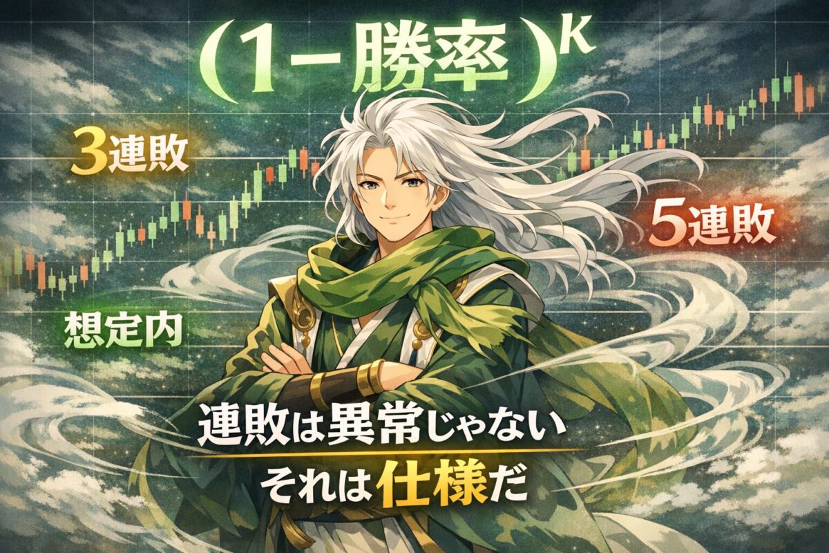 勝率と連敗は仕様であることを理解し、確率で戦うFXメンタル術を表現したアニメ風ビジュアル。
