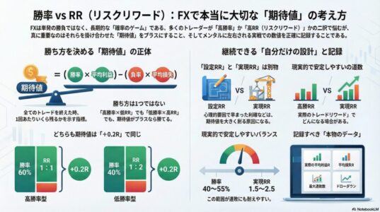 FXにおける勝率とリスクリワード(RR)の関係から期待値の考え方を解説したインフォグラフィック。高勝率型と高RR型の比較、実現RRの重要性、安定したトレード設計と記録管理のポイントを図解。