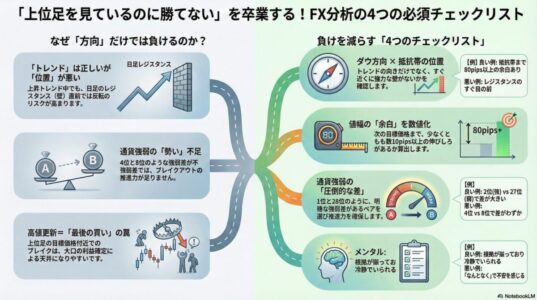 上位足を見ているのに勝てない原因を整理した4つのチェックポイント図解（方向・位置・余白・強弱差）