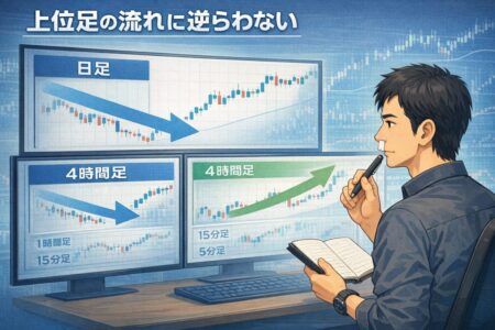 日足と4時間足の方向を優先してブレイクアウトのダマシを避ける上位足確認の考え方を示した図