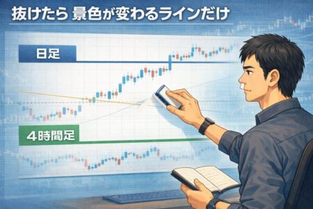 誰もが意識している格の高い水平線やトレンドラインだけを使うブレイクアウト判断の基準を示した図