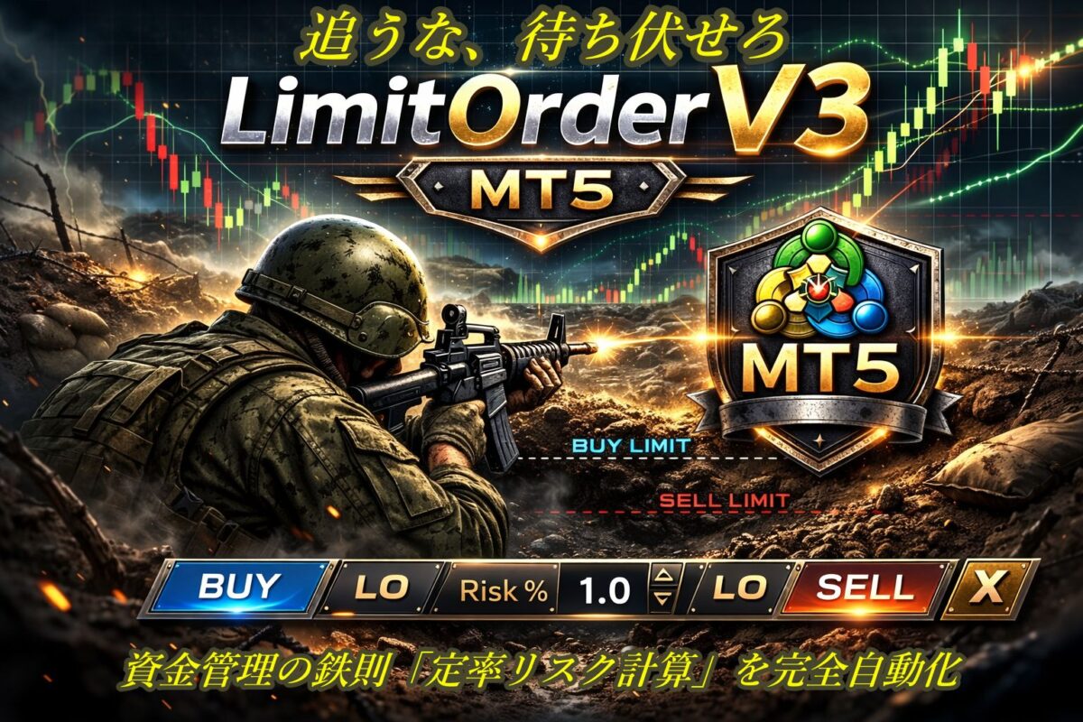 MT5対応LimitOrderV3 リスク管理付き指値注文EAの操作パネルとトレードチャートイメージ