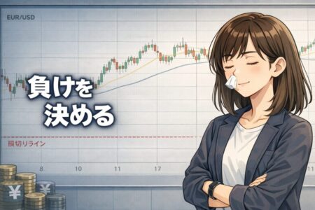 どの手法が勝つかではなく、どこで自分が間違いを認めるかという思考に切り替えることで手法迷子から抜け出せることを示したFXイラスト