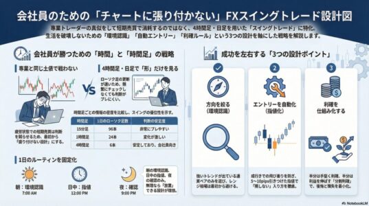 会社員向けに、チャートに張り付かず4時間足・日足を使って行うFXスイングトレードの設計思想を、環境認識・指値エントリー・利確ルールの3点から図解したインフォグラフィック