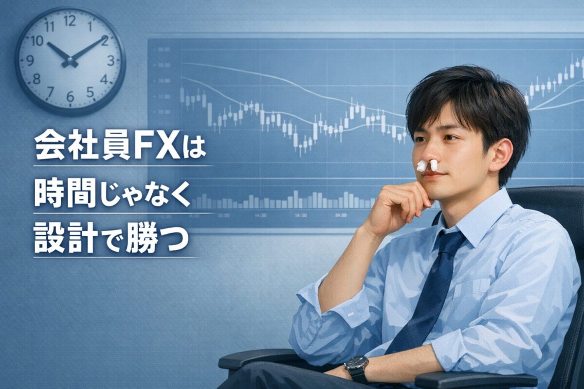 会社員トレーダーが時間に縛られず、設計重視でFXスイングトレードに向き合う姿を描いた教育用イラスト