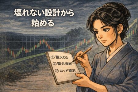 プロトレーダーの思考順序を示した図。最大ドローダウンからロット設計を逆算する資金管理。