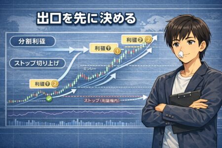 押し目買いとブレイクアウトを二段構えで使い分けるエントリー設計の考え方を示したFX戦略図解