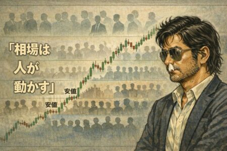 相場の進行とともに初心者からプロまで参加者が段階的に入れ替わるトレンド形成の心理構造を示したFX解説画像