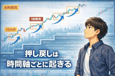 押し戻しが時間軸ごとに段階的に発生する構造を示したマルチタイムフレーム解説図