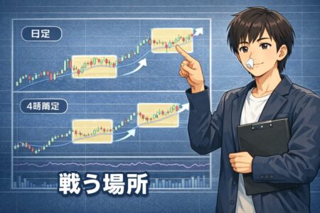 日足と4時間足のトレンド方向から順張りできる相場かを判断する環境認識の考え方を示したFX分析イラスト