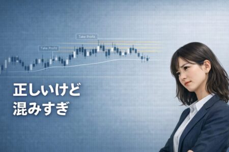 押し目買い・戻り売りが多くの参加者で混雑し、利益が伸びにくくなる相場構造を示したFXイラスト