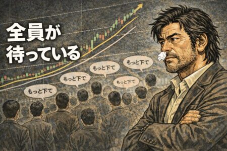 多くのトレーダーが押し目待ちに回ることで相場が止まらなくなる集団心理を表したFX解説イラスト