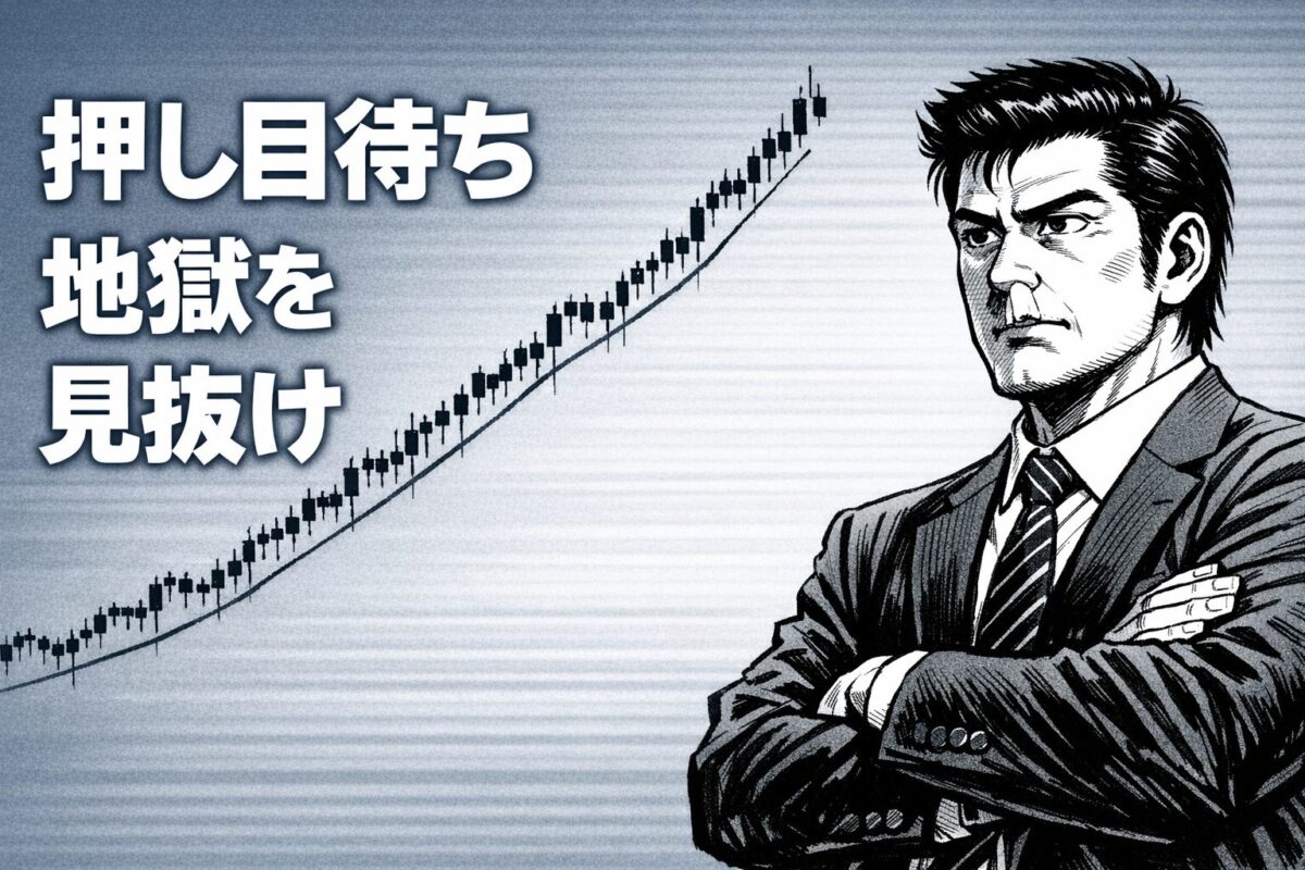 トレンドが出ているのに押し目が来ず、待ち続けることで機会損失が生まれる「押し目待ち地獄」を解説するFX教育イラスト