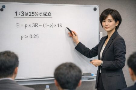 リスクリワード1対3が勝率25％で成立することを示す期待値計算式の図解