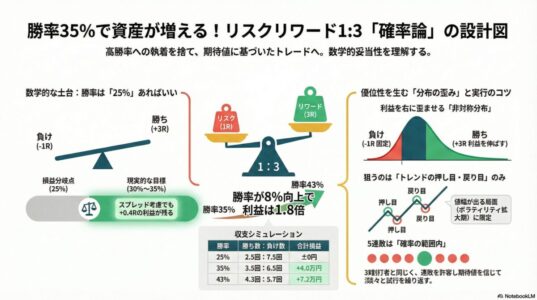 勝率35％でも資産が増えるリスクリワード1対3の確率設計図インフォグラフィック