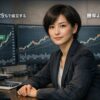 リスクリワード1対3戦略と確率分布モデルを背景に冷静に分析する女性トレーダー