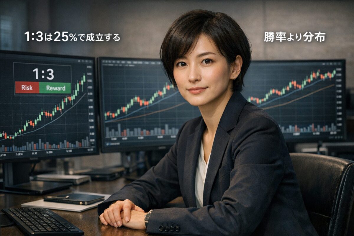 リスクリワード1対3戦略と確率分布モデルを背景に冷静に分析する女性トレーダー