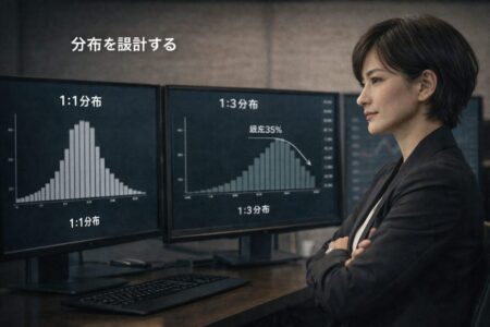 リスクリワード1対1と1対3の損益分布の違いを比較したヒストグラム図