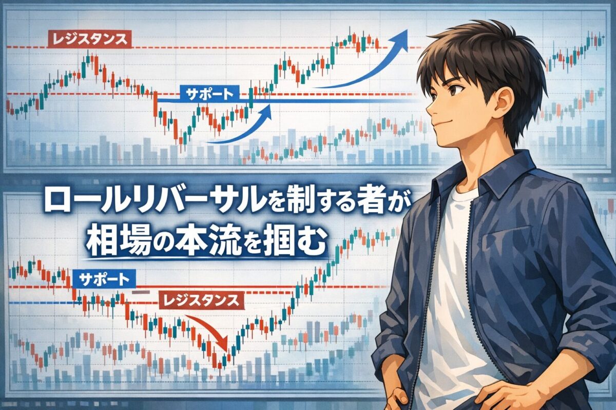 ロールリバーサルによって相場の本流を捉える考え方を解説するFX教育用アイキャッチ画像