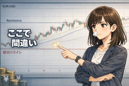 利確を考える前に、どこで自分の読みが否定されるのかという損切りの根拠を決める重要性を示したFXイラスト