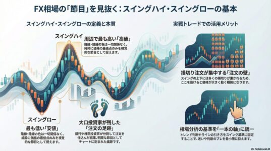 スイングハイとスイングローを使ってFX相場の節目や注文が集中する価格帯を構造的に解説した図解イメージ