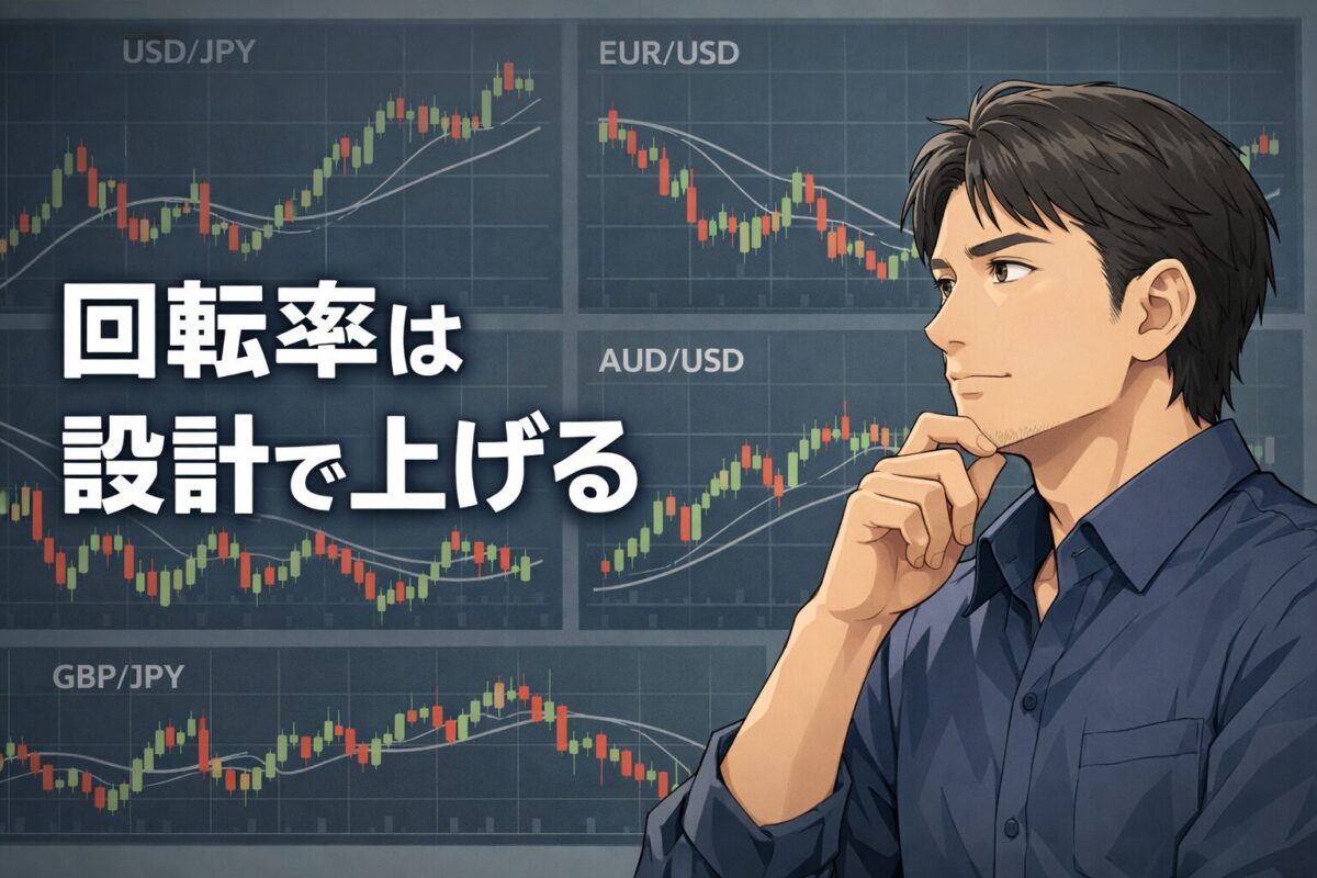 スイングトレードで回転率を高めるために通貨選定・判断・実行を設計として整理した全体コンセプト図