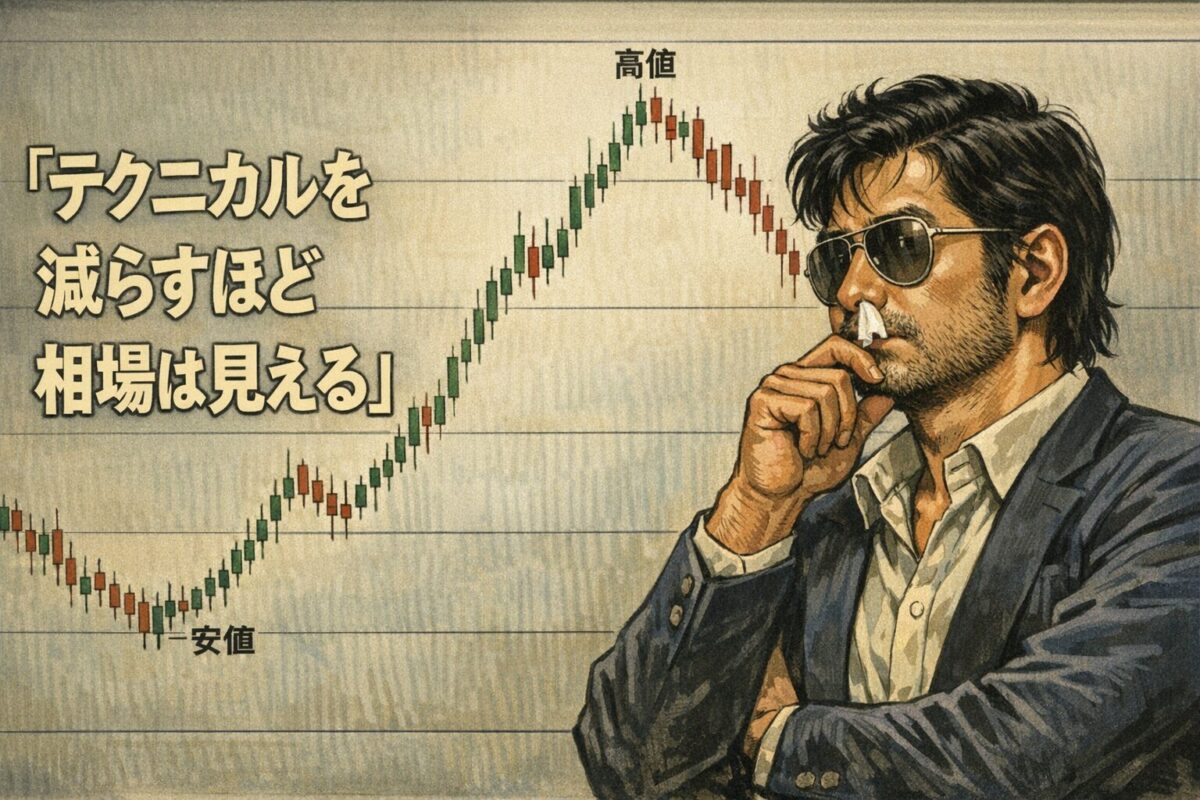 テクニカル指標を減らしローソク足の高値と安値だけで相場構造を読むFXトレード思考を表現した昭和劇画風アイキャッチ画像
