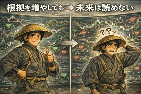 インジケーターを増やしすぎて判断できなくなるFX初心者の典型例を解説した教育インフォグラフィック。