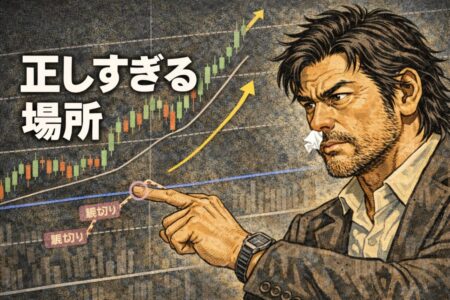 誰もが意識する正しい押し目ポイントが損切りを狙われやすくなる理由を示したFXトレードの罠の図解