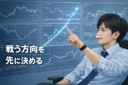 通貨強弱とトレンドを俯瞰し、戦う方向を絞る環境認識を表したFX教育イラスト