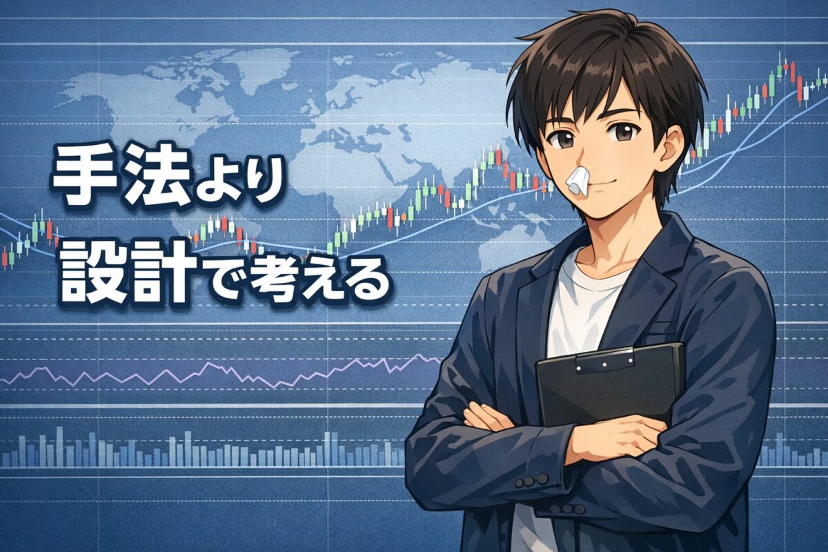 手法やインジケーターに依存せず事前設計でトレードを組み立てる設計型スイングの考え方を解説したFX図解