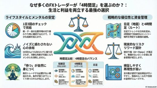 多くのFXトレーダーが4時間足を選ぶ理由を、生活リズム・メンタル安定・資金管理・日足との役割分担の観点から整理した比較インフォグラフィック