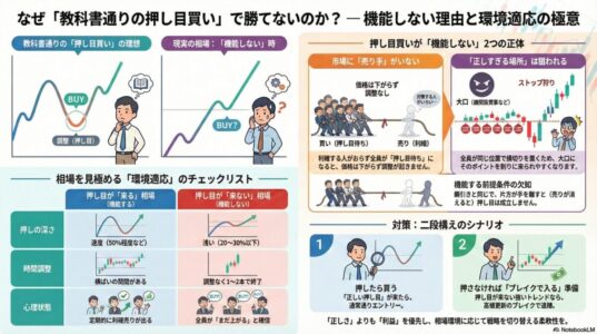 教科書通りの押し目買いが機能しない理由と、相場環境に応じて戦略を切り替える二段構えの考え方を整理したFXインフォグラフィック